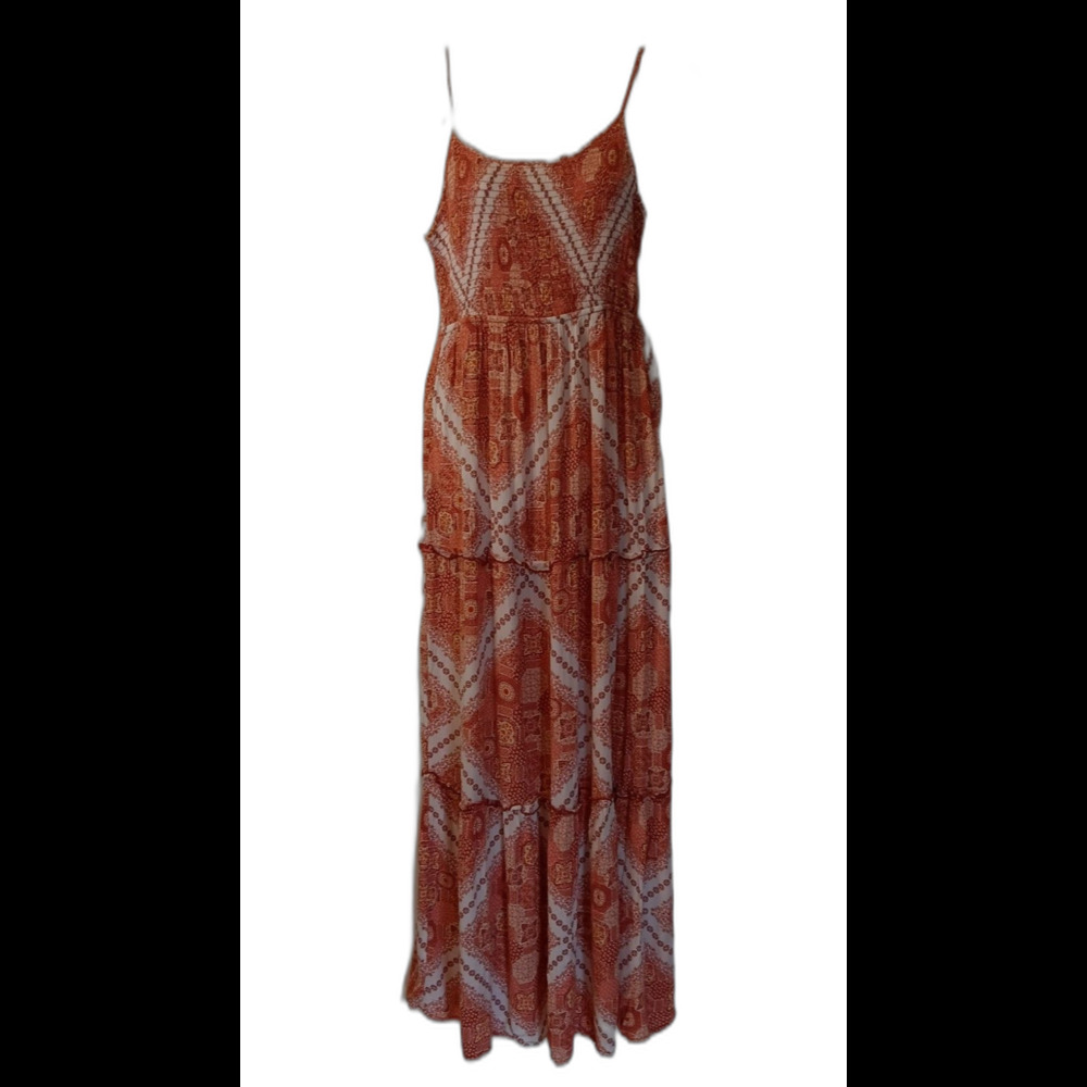 Gypsy & Jade Salmon/White Smocked High Waist Ruffled Tiered Boho Summer Dress, M